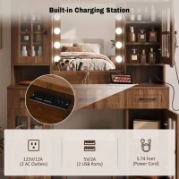 Farmhouse Makeup Vanity with Lighted Mirror and Power Outlet, Chic Dressing Table with Drawers and Stool, 47'' L x 15.5" W x 61.5" H, Walnut(m-6)
