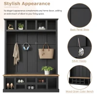 Farmhouse Hall Tree Coat Rack with 13 Compartments, Shoe Storage Bench Unit with Wide Storage Seating Bench, 59'' L x 18'' W x 79'' H, Black(m-4)