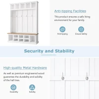 Farmhouse Hall Tree Coat Rack with 13 Compartments, Shoe Storage Bench Unit with Wide Storage Seating Bench, 59'' L x 18'' W x 79'' H, White(m-7)