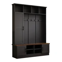 Rustic Farmhouse Hall Tree Coat Rack with Shoe Storage Bench, Heavy-Duty Storage Cabinet Unit with 6 Metal Hooks, 55'' L x 15.5'' W x 73'' H, Black(m-14)