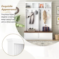 Rustic Farmhouse 4-in-1 Hall Tree Coat Rack with 2 Large Drawers, Shoe Storage Bench Unit with 6 Hooks, 53'' L x 15'' W x 75.5'' H, White(m-4)