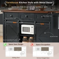 Farmhouse Kitchen Island with Power Outlet, Drop Leaf and Sliding Barn Doors, Versatile Rolling Cart for Kitchen, 53.5'' L x 18.5" W x 37" H, Black(m-5)