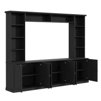 Mid-Century Entertainment Centre with 7 Adjustable Shelves, 4-Piece TV Wall Unit Console with 6 Cable Holes, 95.5'' L x 15.5'' W x 76.5'' H, Black(m-14)