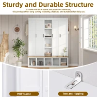 Rustic 4-in-1 Hall Tree Coat Rack with 4 Cabinets and 6 Sturdy Hooks, Shoe Storage Bench Unit for Mudroom, 63'' L x 15.5'' W x 76.5'' H, White(m-7)
