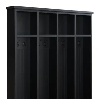 Farmhouse Hall Tree Coat Rack with 8 Retro Hooks, Shoe Bench Unit with 8 Storage Compartments, 59'' L x 15.5'' W x 76.5'' H, Black(m-9)