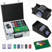 Soozier Poker Chip Set with Aluminum Case, Card Shuffler, 300 Chips, 2 Decks of Cards, Dealer Button for Texas Holdem Blackjack(m-1)