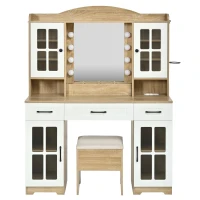 Farmhouse Makeup Vanity with Lighted Mirror and Outlet, Chic Dressing Table with Drawers and Stool, 47'' L x 15.5" W x 61.5" H, Natural+White(m-2)