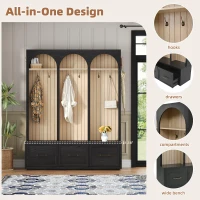 Farmhouse Hall Tree Coat Rack with 3 Arches and 8 Retro Hooks, Shoe Storage Bench Unit with 3 Drawers, 59'' L x 15.5'' W x 75'' H, Black(m-7)