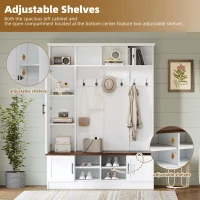 Rustic Farmhouse Hall Tree Coat Rack with Shoe Storage Bench, Heavy-Duty Storage Cabinet Unit with 6 Metal Hooks, 55'' L x 15.5'' W x 73'' H, White(m-6)