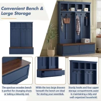 Rustic Farmhouse 4-in-1 Hall Tree Coat Rack with 2 Large Drawers, Shoe Storage Bench Unit with 6 Hooks, 53'' L x 15'' W x 75.5'' H, Blue(m-5)