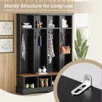 Farmhouse Hall Tree Coat Rack with 8 Retro Hooks, Shoe Bench Unit with 8 Storage Compartments, 59'' L x 15.5'' W x 76.5'' H, Black(m-7)