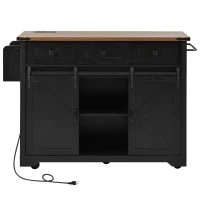Farmhouse Kitchen Island with Power Outlet, Drop Leaf and Sliding Barn Doors, Versatile Rolling Cart for Kitchen, 53.5'' L x 18.5" W x 37" H, Black(m-2)