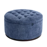 Elegant Round Storage Ottoman with Tufted Chenille and Removable Lid, Versatile Coffee Table for Living Room, 28'' L x 28" W x 16.5" H, Blue(m-2)