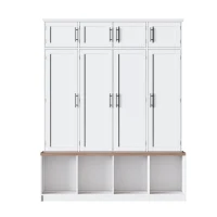 Rustic Farmhouse Hall Tree with 8 Storage Doors, Heavy-Duty Shoe Storage Bench Unit with 4 Bottom Compartments, 59'' L x 15.5'' W x 75'' H, White(m-2)