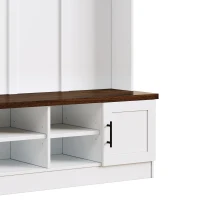 Rustic Farmhouse Hall Tree Coat Rack with Shoe Storage Bench, Heavy-Duty Storage Cabinet Unit with 6 Metal Hooks, 55'' L x 15.5'' W x 73'' H, White(m-13)