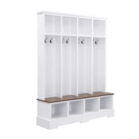 Farmhouse Hall Tree Coat Rack with 8 Retro Hooks, Shoe Bench Unit with 8 Storage Compartments, 59'' L x 15.5'' W x 76.5'' H, White(m-12)