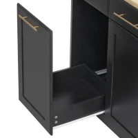 Vintage Kitchen Island with Trash Storage and Organizers, Versatile Rolling Cart with Power Outlet and Spice Rack, 59'' L x 29.5" W x 35.5" H, Black(m-11)