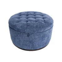 Elegant Round Storage Ottoman with Tufted Chenille and Removable Lid, Versatile Coffee Table for Living Room, 28'' L x 28" W x 16.5" H, Blue(m-10)
