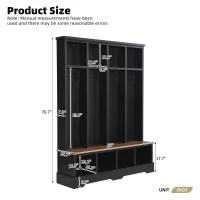 Farmhouse Hall Tree Coat Rack with 8 Retro Hooks, Shoe Bench Unit with 8 Storage Compartments, 59'' L x 15.5'' W x 76.5'' H, Black(m-3)