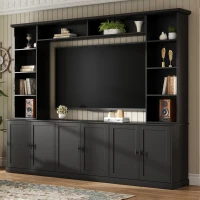 Mid-Century Entertainment Centre with 7 Adjustable Shelves, 4-Piece TV Wall Unit Console with 6 Cable Holes, 95.5'' L x 15.5'' W x 76.5'' H, Black(m-1)