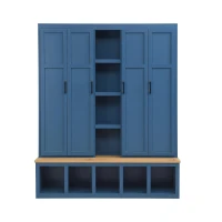 Rustic 4-in-1 Hall Tree Coat Rack with 4 Cabinets and 6 Sturdy Hooks, Shoe Storage Bench Unit for Mudroom, 63'' L x 15.5'' W x 76.5'' H, Blue(m-2)