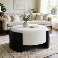 Chic Round Ottoman with Curved Wood-Grain and High-Density Foam, Versatile Coffee Table for Living Room, 32'' L x 32" W x 17.5" H, White+Black(m-1)