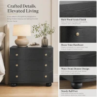 Retro Modern Nightstand with 3 Wave Drawers, Wooden Bedside Storage Table with Bulbous Feet, 23.5'' L x 15.5'' W x 22.5'' H, Black(m-4)