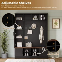 Rustic Farmhouse Hall Tree Coat Rack with Shoe Storage Bench, Heavy-Duty Storage Cabinet Unit with 6 Metal Hooks, 55'' L x 15.5'' W x 73'' H, Black(m-6)