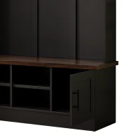 Rustic Farmhouse Hall Tree Coat Rack with Shoe Storage Bench, Heavy-Duty Storage Cabinet Unit with 6 Metal Hooks, 55'' L x 15.5'' W x 73'' H, Black(m-12)