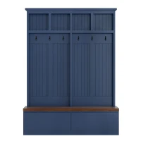 Rustic Farmhouse 4-in-1 Hall Tree Coat Rack with 2 Large Drawers, Shoe Storage Bench Unit with 6 Hooks, 53'' L x 15'' W x 75.5'' H, Blue(m-2)