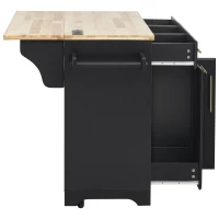 Vintage Kitchen Island with Trash Storage and Organizers, Versatile Rolling Cart with Power Outlet and Spice Rack, 59'' L x 29.5" W x 35.5" H, Black(m-14)