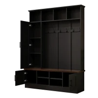 Rustic Farmhouse Hall Tree Coat Rack with Shoe Storage Bench, Heavy-Duty Storage Cabinet Unit with 6 Metal Hooks, 55'' L x 15.5'' W x 73'' H, Black(m-15)