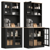 HOMCOM 72" Kitchen Pantry Storage Cabinet with Hutch, Large Countertop, Glass Doors and Adjustable Shelves, Black