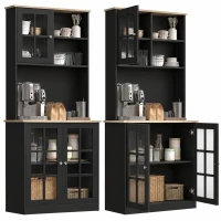 HOMCOM 72" Kitchen Pantry Storage Cabinet with Hutch, Large Countertop, Glass Doors and Adjustable Shelves, Black(m-1)