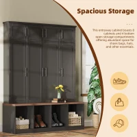 Rustic Farmhouse Hall Tree with 8 Storage Doors, Heavy-Duty Shoe Storage Bench Unit with 4 Bottom Compartments, 59'' L x 15.5'' W x 75'' H, Black(m-5)