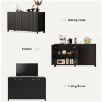 Elegant Fluted Buffet Cabinet with Sculpted Doors, Farmhouse Storage Sideboard for Kitchen Dining Living Room, 55" L × 15.5" W × 33" H, Black(m-8)