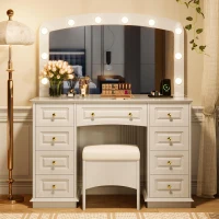 Luxurious Dressing Vanity Desk with 10 Hollywood Bulbs, Modern Makeup Table Set with 9 Storage Drawers, 44'' L x 15.5'' W x 53.5'' H, White(m-8)