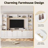 Rustic Farmhouse Entertainment Centre with 6 Storage Drawers, Modern TV Wall Unit with Adjustable Shelves, 98.5'' L x 15.5'' W x 79.5'' H, White(m-4)
