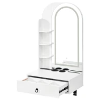 Modern Floating Makeup Vanity with Arched Mirror, Outlet and 3-Color Lights, Versatile Wall Vanity for Bedrooms, 23'' L x 15.5" W x 48" H, White(m-12)