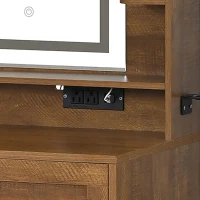 Farmhouse Makeup Vanity with LED Mirror and Outlet, Chic Dressing Table with Drawers and Padded Stool, 37.5'' L x 15.5" W x 56" H, Rustic Brown(m-12)