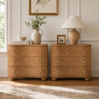 Retro Modern Nightstand Set of 2 with 3 Wave Drawers, Wooden Bedside Storage Tables with Bulbous Feet, 23.5'' L x 15.5'' W x 22.5'' H, Brown(m-6)