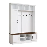 Rustic Farmhouse Hall Tree Coat Rack with Shoe Storage Bench, Heavy-Duty Storage Cabinet Unit with 6 Metal Hooks, 55'' L x 15.5'' W x 73'' H, White(m-14)