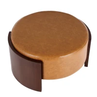 Modern Round Ottoman with Curved Wood-Grain and High-Density Foam, Versatile Coffee Table for Living Room, 32'' L x 32" W x 17.5" H, Brown(m-8)