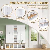 Rustic 4-in-1 Hall Tree Coat Rack with 4 Cabinets and 6 Sturdy Hooks, Shoe Storage Bench Unit for Mudroom, 63'' L x 15.5'' W x 76.5'' H, White(m-6)