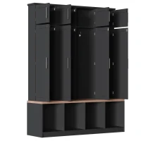Rustic Farmhouse Hall Tree with 8 Storage Doors, Heavy-Duty Shoe Storage Bench Unit with 4 Bottom Compartments, 59'' L x 15.5'' W x 75'' H, Black(m-11)