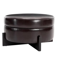 Stylish Round Storage Ottoman with Leather Upholstery, Versatile Coffee Table for Living Room and Bedroom, 32'' L x 32" W x 17.5" H, Dark Brown(m-8)