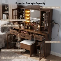 Farmhouse Makeup Vanity with Lighted Mirror and Power Outlet, Chic Dressing Table with Drawers and Stool, 47'' L x 15.5" W x 61.5" H, Walnut(m-5)