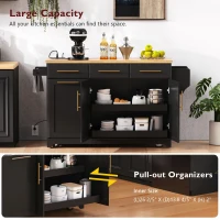 Vintage Kitchen Island with Trash Storage and Organizers, Versatile Rolling Cart with Power Outlet and Spice Rack, 59'' L x 29.5" W x 35.5" H, Black(m-6)