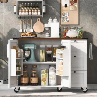 Farmhouse Kitchen Island with Power Outlet and Drop Leaf, Versatile Rolling Cart with Spice Rack and Storage, 54.5'' L x 28.5" W x 36.5" H, White(m-9)