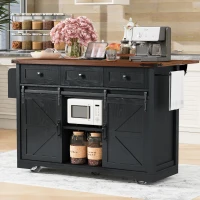 Farmhouse Kitchen Island with Power Outlet, Drop Leaf and Sliding Barn Doors, Versatile Rolling Cart for Kitchen, 53.5'' L x 18.5" W x 37" H, Black(m-1)